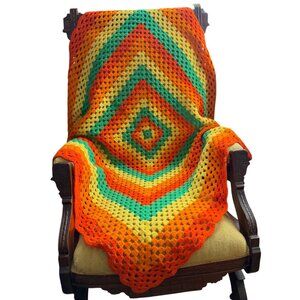 Vintage Handmade Granny Square Crochet Blanket Throw Multicolor Diamond Pattern